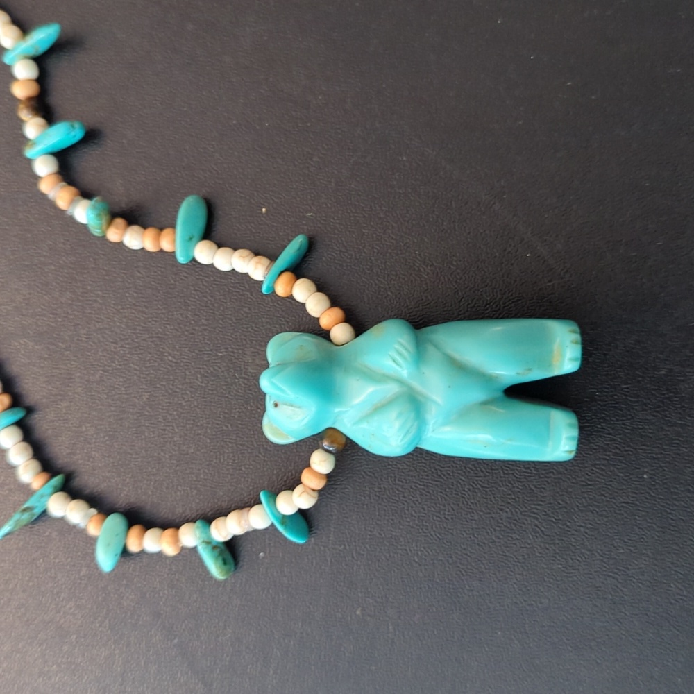 Carved Resin Bear, White Howlite, Wood and Turquoise Bead Necklace